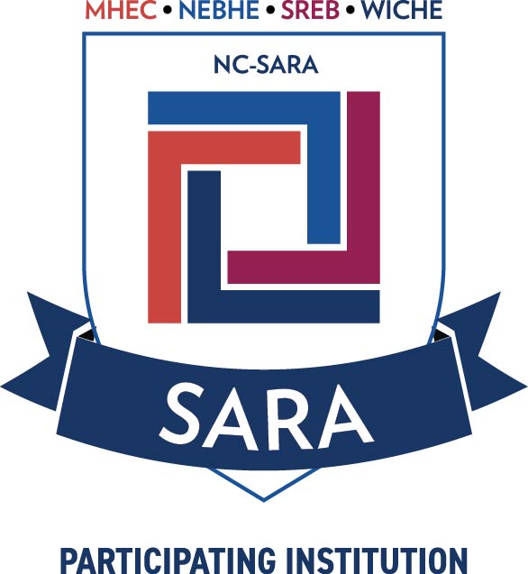 The logo of the National Council for State Authorization Reciprocity Agreements Participating Institution. The letters MHEC, NEBHE, SREB, WICHE are above a blue-outlined shield with SARA in white on a blue ribbon.