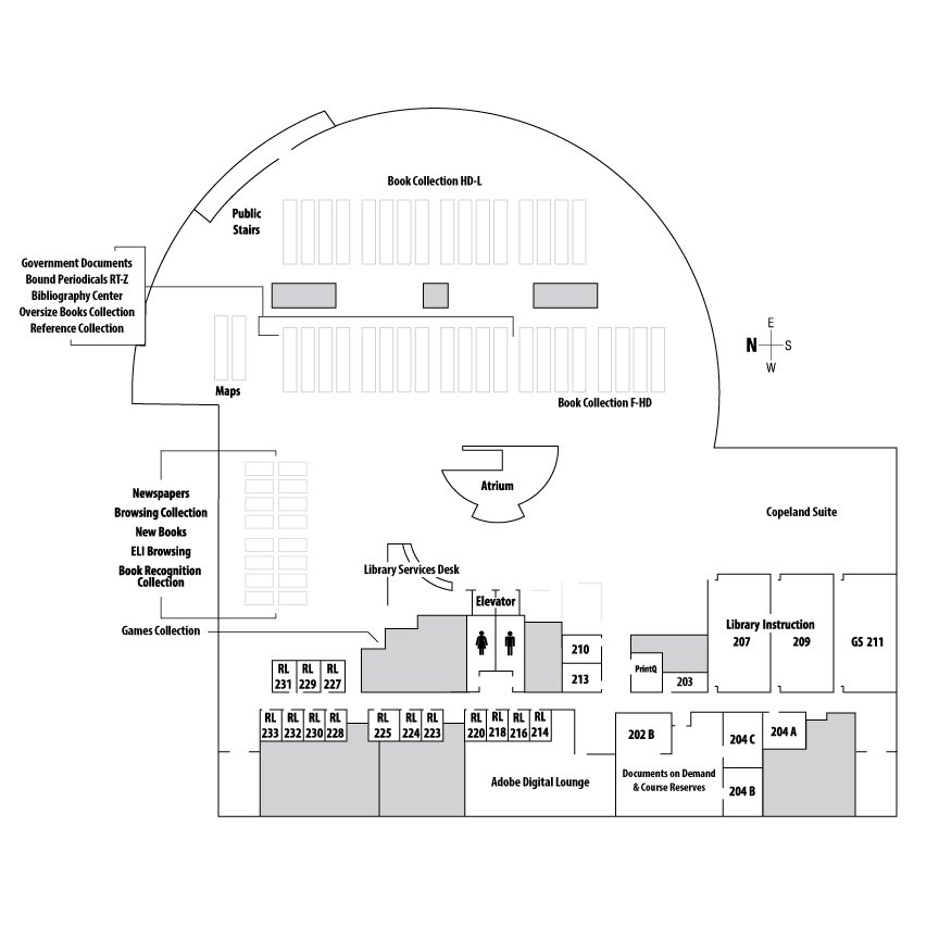 Diagram of the floor layout for the 2nd floor of the Lark Library.