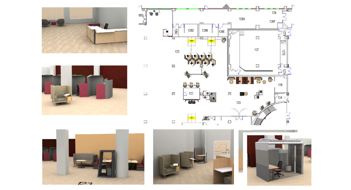 New floor plan photo and furniture/study pods planned for 1st floor quiet study remodel summer of 2025.
