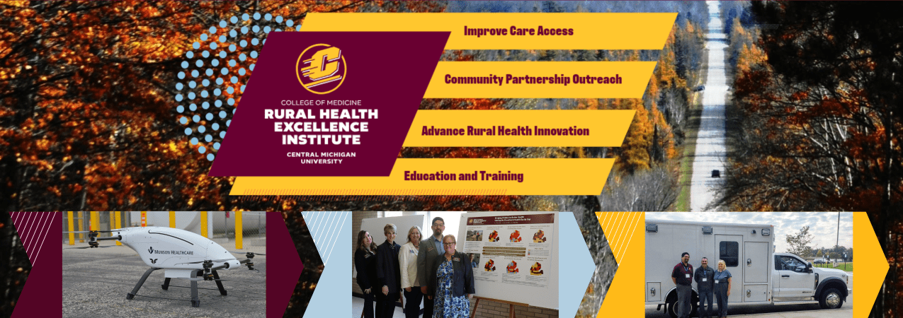 A collage with the Central Michigan University College of Medicine’s Rural Health Excellence Institute logo and core values that read improve care resources, community partnership outreach, advance rural health innovation, and education and training.