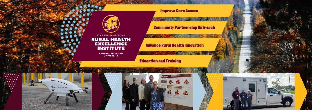 A collage with the Central Michigan University College of Medicine’s Rural Health Excellence Institute logo and core values that read improve care resources, community partnership outreach, advance rural health innovation, and education and training.