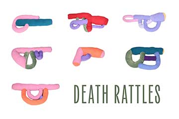 Several soft sculptures of various types of guns in multiple colors. The words 