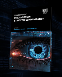 Cover of the book Handbook of Innovations in Strategic Communications. The cover has the title along with a close up of the human eye with reflections of digital code.