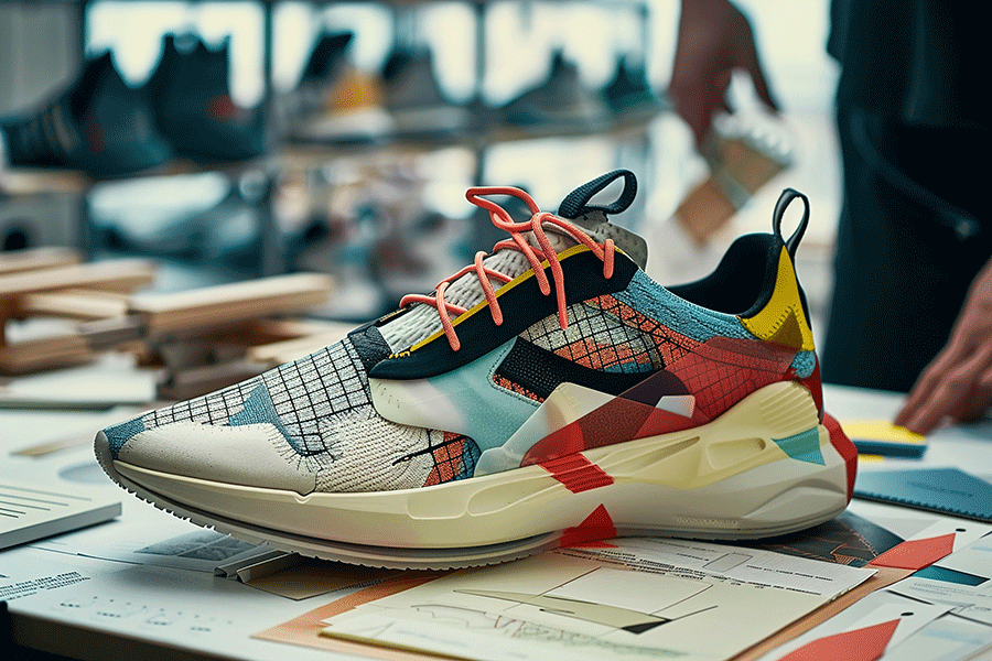 A colorful sneaker on a table.