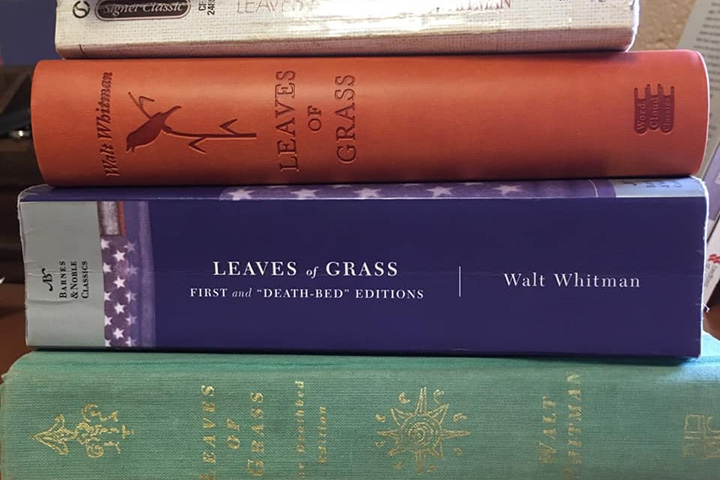 Image of a stack of Walt Whitman's Leaves of Grass book in various editions.