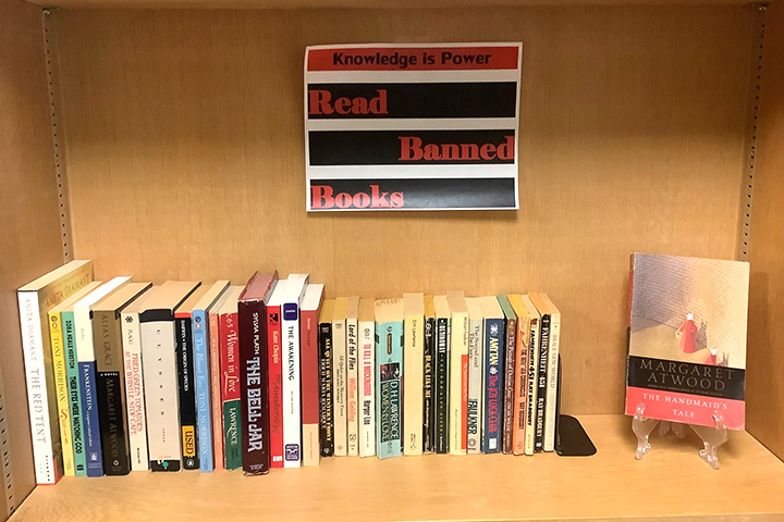 Image of a row of banned books on a shelf with a sign that says Knowledge is Power. Read Banned Books.