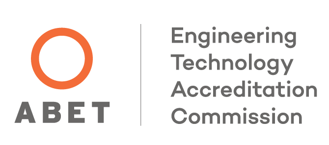 A red circle with the letters ABET underneath, next a vertical line and rows of text that read Engineering, Technology, Accreditation, Commission
