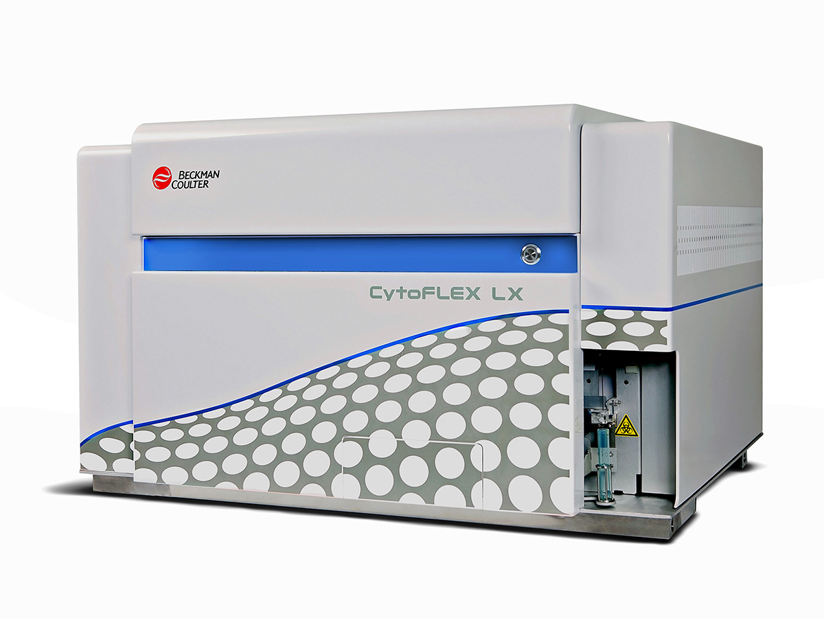 A white machine with a blue and white design with the words "CytoFLEX LX" on it.