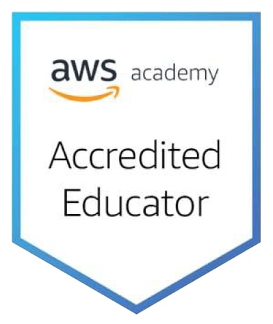 a blue border in the shape of a square with an angled out bottom houses the letters aws with an orange bending arrow beneath it, next to the word academy. below that reads Accredited Educator in black text