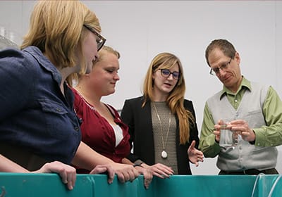 Three students and a biology faculty member standing around a tank while examining a sample in the aquatic vivarium