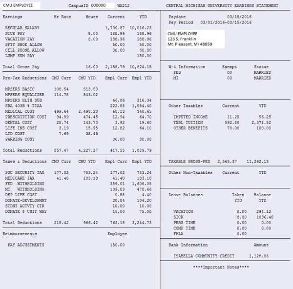 Example of a biweekly CMU employee earning statement