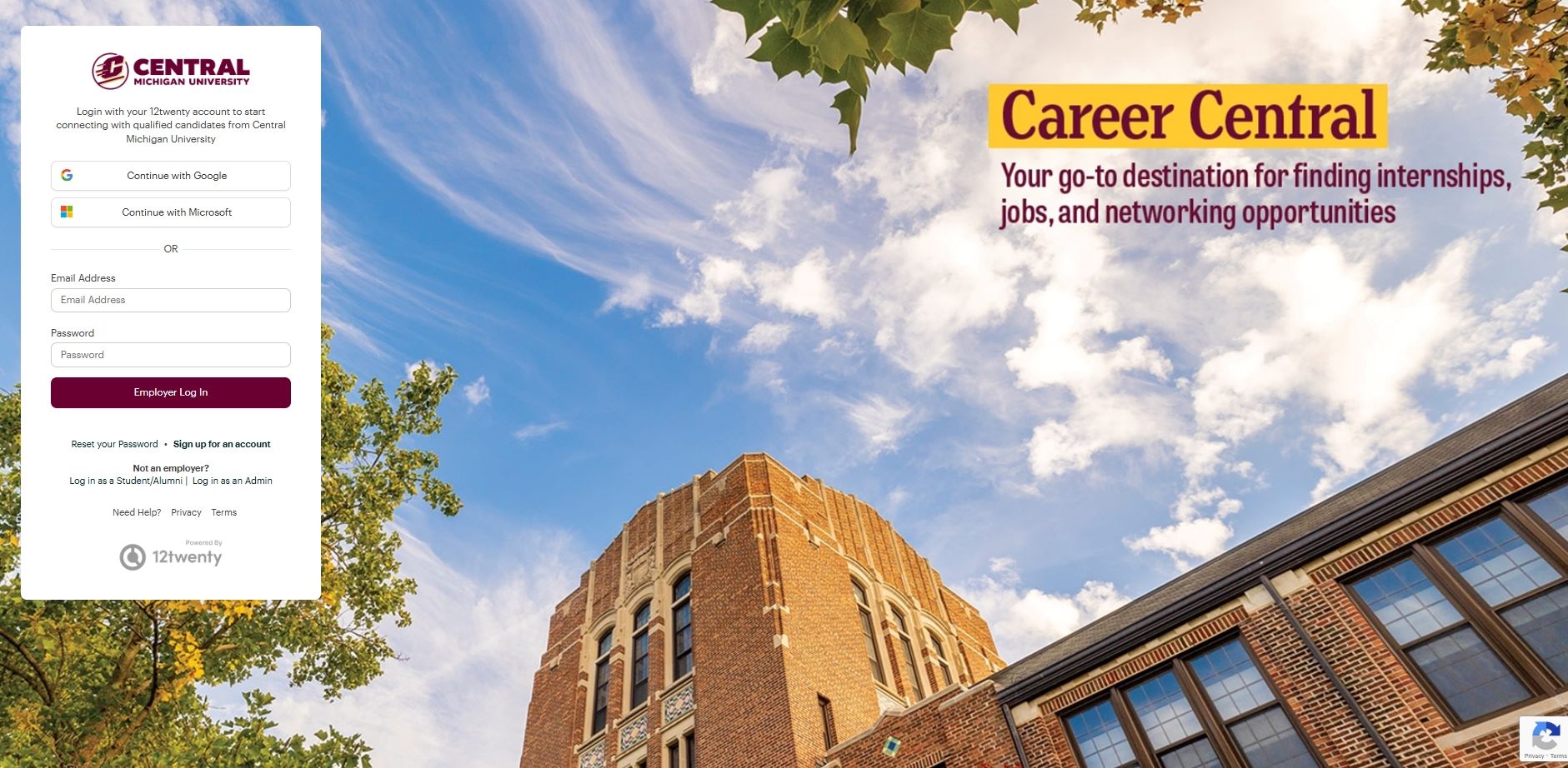 Career Central Homepage Career Central login page for Central Michigan University showing employer sign in options and headline text about finding internships, jobs, and networking opportunities, displayed over a background image of a campus building and blue sky.