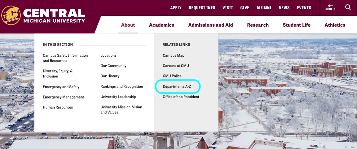 An image showing the Central Michigan University Home page featuring a dropdown menu within the 'About' section.