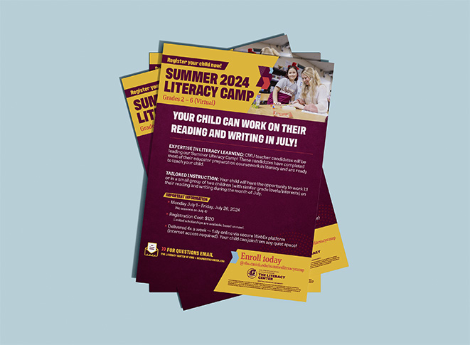 Flyer for Summer 2024 literacy camp, grades 2-6. Description of the events and where to enroll your student.