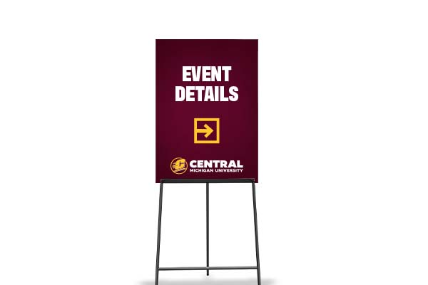 Example of a CMU interior way-finding sign with a directional arrow. Text reads: Event Details
