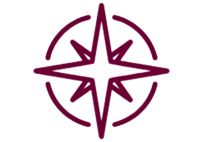 A maroon graphic of a compass star.