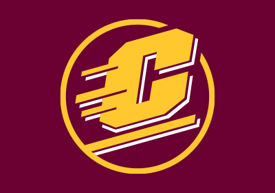 Central Michigan University Action C Circle in gold and white color on a maroon background.