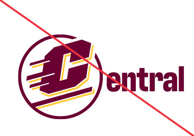Central Michigan University Action C Circle incorrect uses, a maroon action c with gold drop shadow, the words “entral” in maroon is directly right, a red diagonal line runs left upper corner to bottom right, placed on a white background.