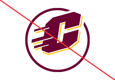 Central Michigan University Action C incorrect uses, a maroon action c with the bottom portion of the gold dropshadow is missing, a red diagonal line running from upper left corner to bottom right corner, all placed on a white background.