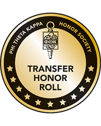 A circular seal with the words Phi Theta Kappa Honor Society in the outer ring and the words Transfer Honor Roll in the center.