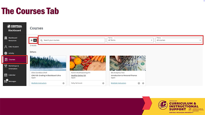 A screenshot of a computer with the words The Courses Tab at the top