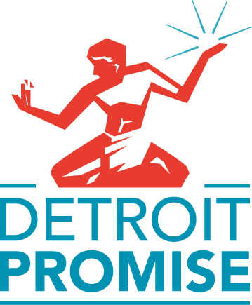 A drawn-figure of red holds a glowing orb up in one hand while looking at the other over the words Detroit Promise.