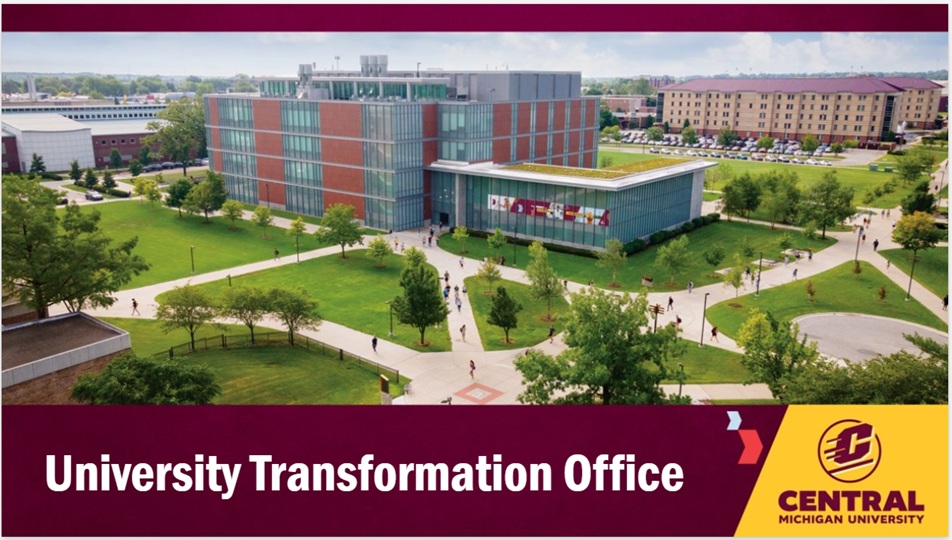 UTO View above Central Michigan University Buildings, University Transformation Office, flying C, Central Michigan University