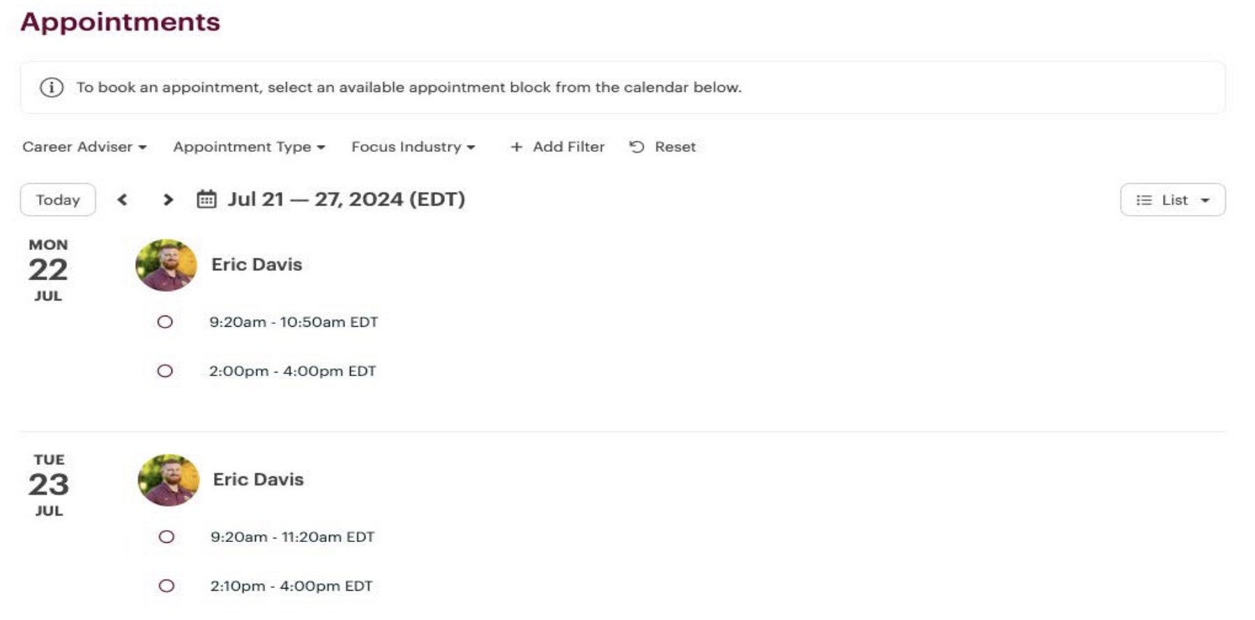 Image of inside the dashboard, specifically under the Appointments section and there is a list of dates, which has available times of each career advisor with their image attached.