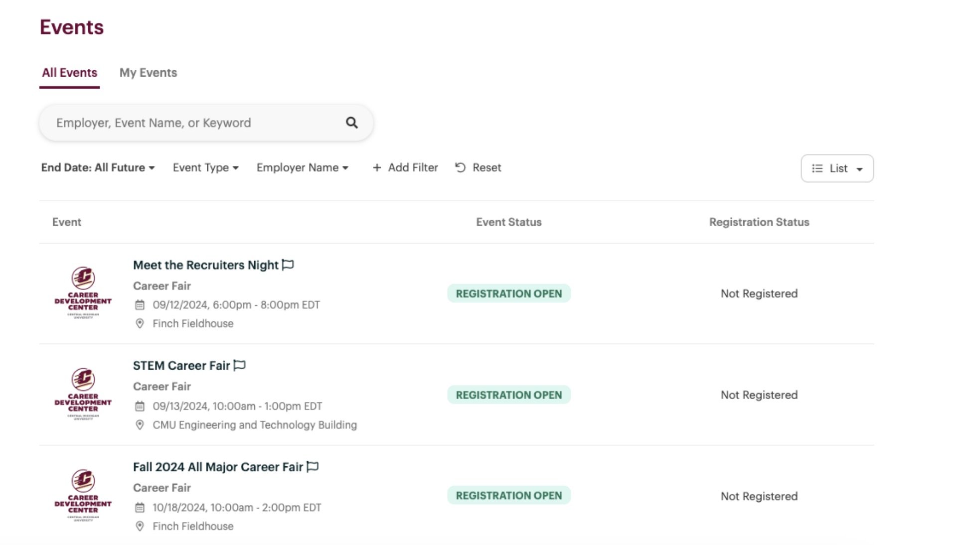 Image of inside the dashboard, specifically the events section and at the top there is a search bar feature, followed by an image of each event listed with location, time, and date information. There is a section that indicates if registration is open.