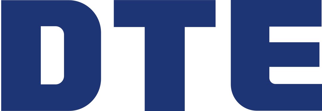 The letter D, T and E in a blue block font.