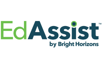 In a bright green color are the thin block letters Ed and next to is in thicker darker green letters is the word Assist with the two colors outlining the dot in the letter i. Underneath in the same dark green font are the words by Bright Horizons.