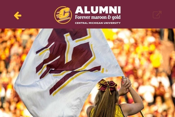 The CMU Alumni App interface, showing the homescreen with Alumni logo and text showing Forever maroon & gold with Central Michigan University below it, and cheerleader holding Action C banner.