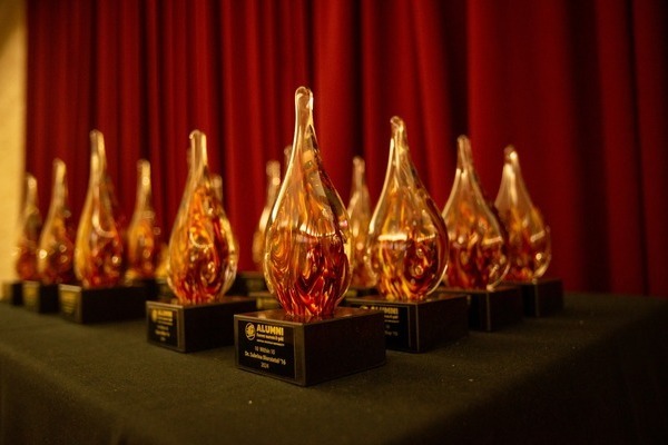 Several glass awards with amber and clear swirls, mounted on black bases with small plaques, are arranged in a row on a black tablecloth in front of a maroon curtain.