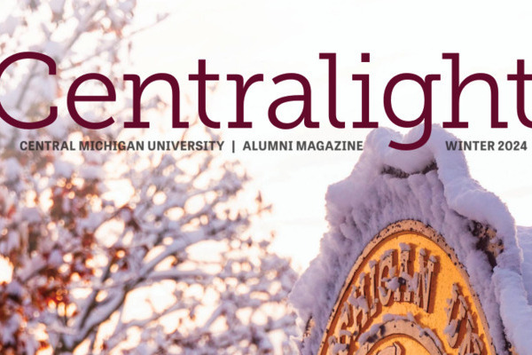 The cover of Centralight, Central Michigan University's alumni magazine Winter 2024, features a winter image of a the university seal.
