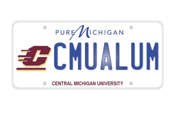 A white Pure Michigan license plate featuring the Action C logo, that reads CMUALUM, and Central Michigan University in smaller maroon text at the bottom.