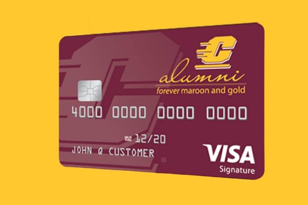 The official CMU Alumni Signature Visa Card, showcasing the university's colors and branding, offered to Central Michigan University alumni.