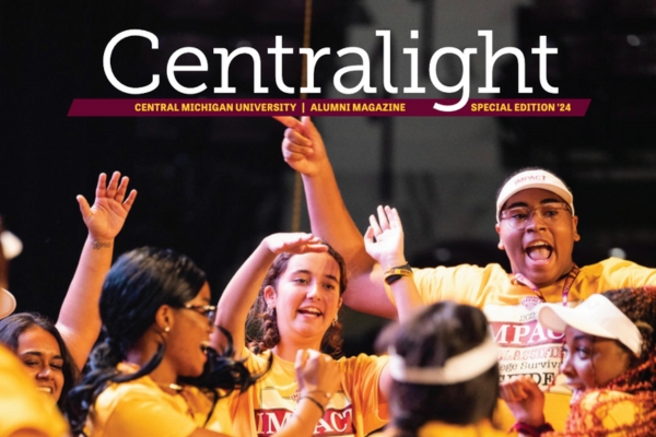 A group of students celebrating under the text: Centralight, Alumni Magazine, Special Edition 24