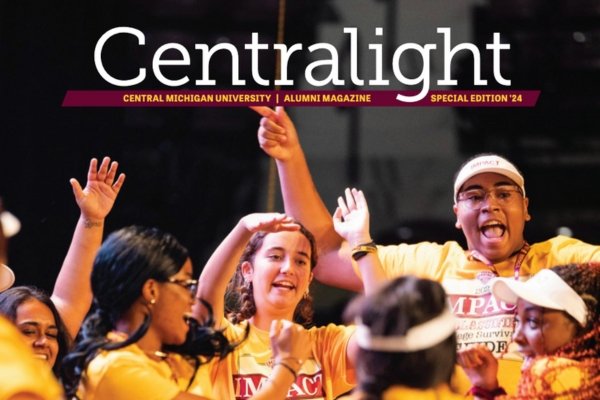 A group of students celebrating under the text: Centralight, Alumni Magazine, Special Edition 24