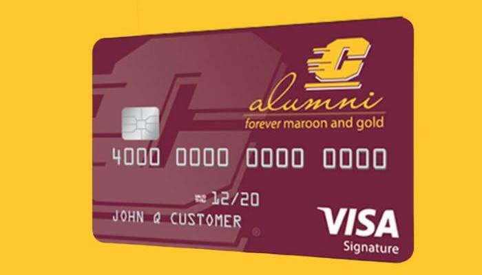The official CMU Alumni Signature Visa Card, showcasing the university's colors and branding, offered to Central Michigan University alumni.