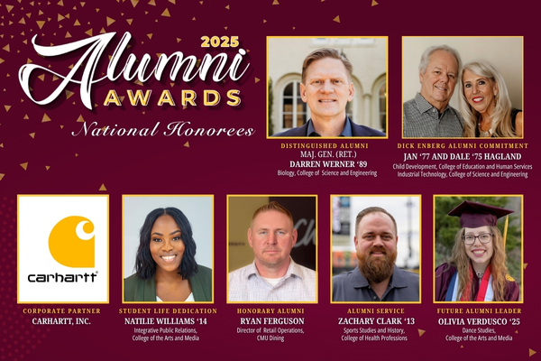 7 headshots on a maroon background with 2025 Alumni Awards logo and text "National Honorees".. Text indicates award, recipient names, and degree information. This information is replicated on the page and available on each biography.