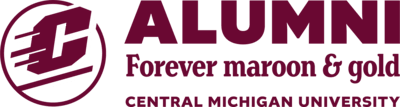Horizontal maroon and white Alumni Relations logo that reads Alumni Forever Maroon and Gold Central Michigan University.